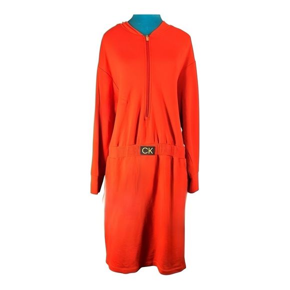 Calvin Klein Orange Zip-Front Knit Dress - Long Sleeve Casual Midi with Pockets - Picture 3 of 12